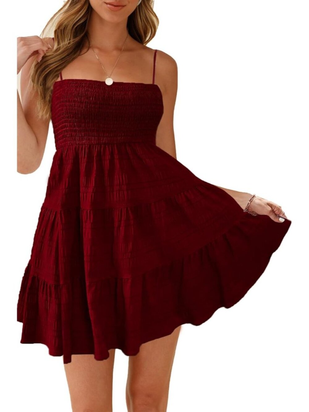 Women's Wine Red Spaghetti Strap Sleeveless Smock Cami Mini Dress Summer Flowy
